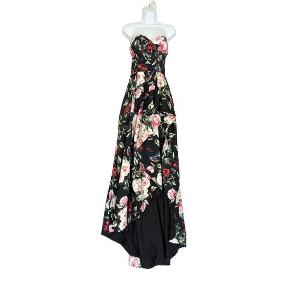 Sherri Hill Formal Gown Size 14 Black Red Floral Strapless High-Low Train - Picture 2 of 12